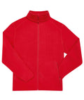 A red fleece zip-up jacket with long sleeves, high collar, and two front zippered pockets is laid flat on a white background.