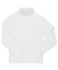 The Fleece is a plain white jacket with a full front zip, stand-up collar, and two zipped side pockets, shown laid flat on a white background.