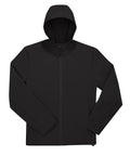 A black Softshells jacket with a front zip and long sleeves is laid flat on a white background, hood up and sleeves slightly angled outward.