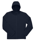 A plain, dark navy softshell jacket is laid flat on a white background. It features a front zip, long sleeves, and has no visible logos or patterns.