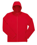 A plain red softshell hooded jacket with a front zip and long sleeves, shown on a white background. No visible logos or patterns.