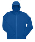 The Softshells jacket is royal blue, features a hood and long sleeves, and is displayed laid flat on a white background. It has a zip-up front with no visible logos or patterns.