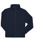 The Softshells jacket is a plain, long-sleeved, dark navy blue zip-up with a high collar and minimalistic design, shown flat on a white background. No visible logos or patterns are present.