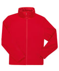 A plain red softshell zip-up jacket with long sleeves, high collar, and two side pockets, shown laid flat on a white background. No visible logos or designs.