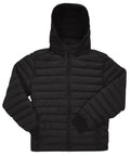 A black Jackets puffer features horizontal quilting, front zip, two zipped pockets, ribbed cuffs, and an attached hood. Displayed flat with sleeves slightly crossed.