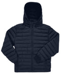 The Jackets product is a black, puffy hooded jacket with a front zip, two side pockets, and horizontal quilting, displayed flat on a white background.