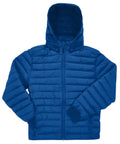 A blue Jackets puffer with a hood, front zip, horizontal quilting, and ribbed cuffs shown on a plain white background.