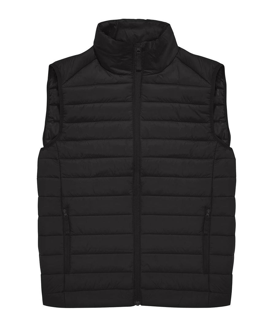 The Gilets & Body Warmers is a black, sleeveless padded gilet with horizontal quilting, front zip fastening, high collar, and two zipped side pockets, shown laid flat on a white background.