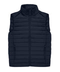 The Gilets & Body Warmers navy blue, sleeveless puffer gilet features horizontal quilting, a front zip, two zipped side pockets, and a stand-up collar. It is shown laid flat.