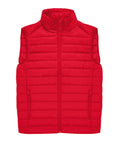 The Gilets & Body Warmers gilet features a bright red, sleeveless padded design with horizontal quilting, a raised collar, front zip, and two zipped side pockets. It is shown on a white background.