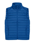 The Gilets & Body Warmers is a blue, sleeveless puffer gilet featuring horizontal stitching, a zip front fastening, and two zipped side pockets, shown against a white background.