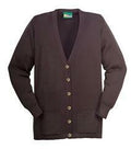 A brown, long-sleeved Edinburgh Cardigan with a V-neck and button-down front by Balmoral. The Edinburgh Cardigan features ribbed cuffs and hem with two front pockets.
