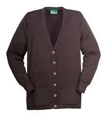 A brown, long-sleeved Edinburgh Cardigan with a V-neck and button-down front by Balmoral. The Edinburgh Cardigan features ribbed cuffs and hem with two front pockets.