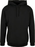 The Build Your Brand Basic BB001 is a plain black hoodie featuring a front pocket and a drawstring hood.