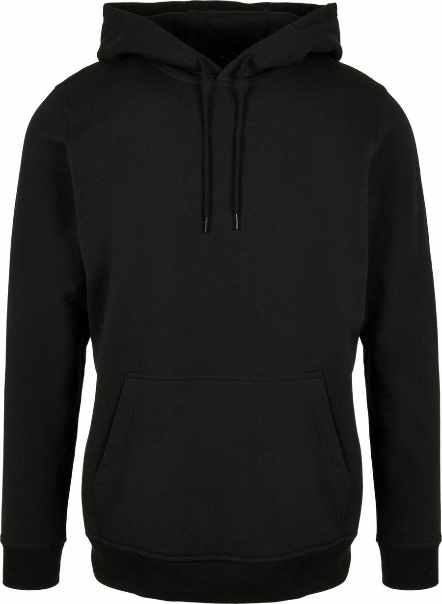 The Build Your Brand Basic BB001 is a plain black hoodie featuring a front pocket and a drawstring hood.
