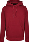 A BB001 hoodie by Build Your Brand Basic, featuring a plain red design with a front pocket and drawstring hood, isolated on a white background.