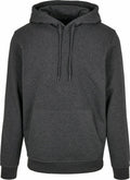 The BB001 hoodie by Build Your Brand Basic is a simple, dark gray design featuring a front pocket and adjustable hood drawstrings.
