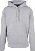 A BB001 gray hoodie from Build Your Brand Basic, featuring a front pocket and drawstring hood, shown on a white background.