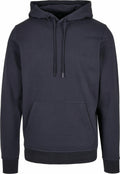 A plain black hoodie, identified as BB001 from Build Your Brand Basic, features a front pouch pocket and adjustable drawstrings. The soft and comfortable fabric makes it ideal for casual wear, and the hoodie is showcased against a white background.