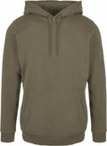 The BB001 hoodie by Build Your Brand Basic features an olive green color, a front pocket, and drawstrings.