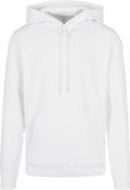 Introducing the BB001 by Build Your Brand Basic: a simple and stylish plain white hoodie featuring a front pocket and drawstring hood. Displayed against a white background, this hoodie showcases its clean and minimalist design.