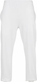 A pair of Build Your Brand Basic BB002 white sweatpants featuring an elastic waistband and straight-cut legs. These pants are showcased against a plain background, highlighting their casual and comfortable style.