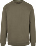 A plain olive green BB003 crewneck sweatshirt, featuring long sleeves, from Build Your Brand Basic, laid flat against a white background.