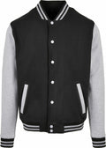 Build Your Brand Basic's product BB004 is a black and gray varsity jacket featuring striped cuffs, a collar, and white buttons.