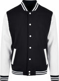 BB004 by Build Your Brand Basic is a black and white varsity jacket featuring snap buttons, along with striped cuffs and collar.
