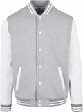 Introducing the BB004 by Build Your Brand Basic: a varsity jacket in gray and white, designed with striped cuffs and collar, complemented by snap buttons and convenient side pockets.