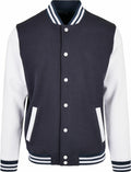 Introducing the BB004 from Build Your Brand Basic: a stylish varsity jacket featuring white sleeves, a button-up front, two white side pockets, and a striped collar, cuffs, and hem in black and white.