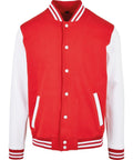The BB004 by Build Your Brand Basic is a red varsity jacket with white sleeves, a white button-up front, and striped ribbing on the collar, cuffs, and bottom hem. It features two front pockets with white trim.
