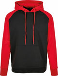 A black and red Build Your Brand Basic hoodie, featuring a front pocket and drawstring hood, product code BB005.