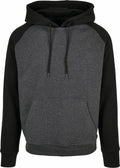 The BB005 by Build Your Brand Basic is a gray and black hooded sweatshirt featuring a front pocket and drawstrings.