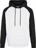 The BB005 by Build Your Brand Basic is a two-tone hoodie with a white body and contrasting black sleeves and hood. It includes convenient front pockets and matching black drawstrings, offering a simple yet sporty design perfect for casual wear.