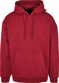 The product BB006 from Build Your Brand Basic is a plain red hoodie, featuring a front pocket and drawstrings, set against a white background.