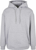 The Build Your Brand Basic BB006 hoodie, featuring a front pouch pocket and drawstrings, is showcased against a white background. Its plain gray design and soft material make it ideal for casual wear.