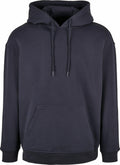 The BB006 by Build Your Brand Basic is a plain black hoodie with a front pocket and drawstring hood, shown against a white background. It features a relaxed fit and long sleeves.