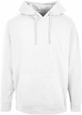 The BB006 hoodie by Build Your Brand Basic is showcased against a white background. It features a clean white design with a front pocket and drawstring hood, offering a soft fabric, relaxed fit, and casual style.
