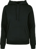 A black hooded sweatshirt, identified as BB007 from the Build Your Brand Basic line, features a front pocket and drawstrings and is displayed against a plain background.