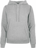 A BB007 hoodie from Build Your Brand Basic, featuring a plain gray design with a front pocket and drawstrings, showcased on a white background. The fabric looks soft and comfortable, ideal for casual wear.
