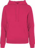The BB007 hoodie by Build Your Brand Basic features a vibrant red color, complete with a front pocket and drawstrings. The fabric looks soft and comfortable, ideal for casual attire. It is showcased against a simple white background.