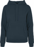 The BB007 hooded sweatshirt by Build Your Brand Basic features a plain black design with a front pocket and drawstrings. It is displayed against a white background, showcasing the full front side.