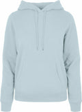 The BB007 by Build Your Brand Basic is a light blue hoodie featuring a front kangaroo pocket and a drawstring hood. It is crafted from soft and comfortable fabric, ideal for casual wear.