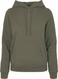 The product is the BB007, a plain olive green hoodie from Build Your Brand Basic, featuring a front pocket and drawstrings. It is displayed on a white background, highlighting the front view.