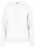 The BB007, a plain white hoodie from Build Your Brand Basic, features a front pocket and drawstrings. Its simple design includes a hood and long sleeves, making it perfect for casual wear.