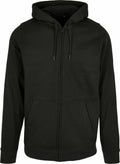 The BB008 hoodie by Build Your Brand Basic features a sleek black design with a zip-up front, convenient front pockets, and an adjustable drawstring hood.
