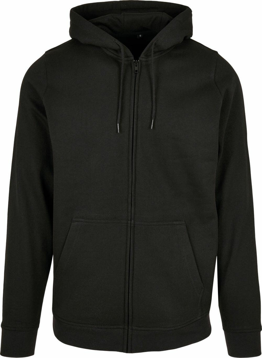 The BB008 hoodie by Build Your Brand Basic features a sleek black design with a zip-up front, convenient front pockets, and an adjustable drawstring hood.