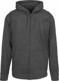 The BB008 hoodie by Build Your Brand Basic is a dark gray zip-up featuring a front pocket and a drawstring hood.