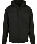 A Build Your Brand Basic BB008 with a front zipper and two front pockets. It features a hood with drawstrings and long sleeves. The design is simple and unadorned, with no visible logos or patterns.